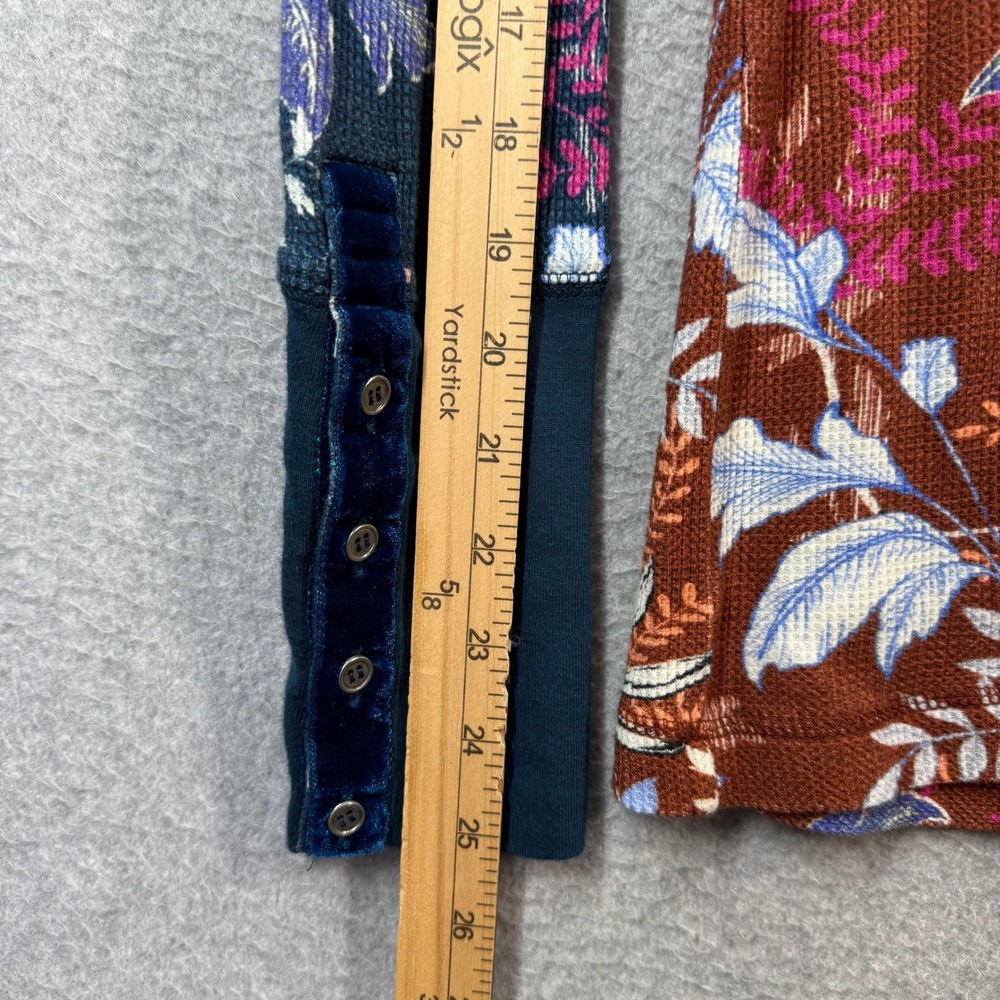 Sundance Floral Waffle Knit Thermal Top Rust Brown Velvet Button Cuff Large - Picture 5 of 7